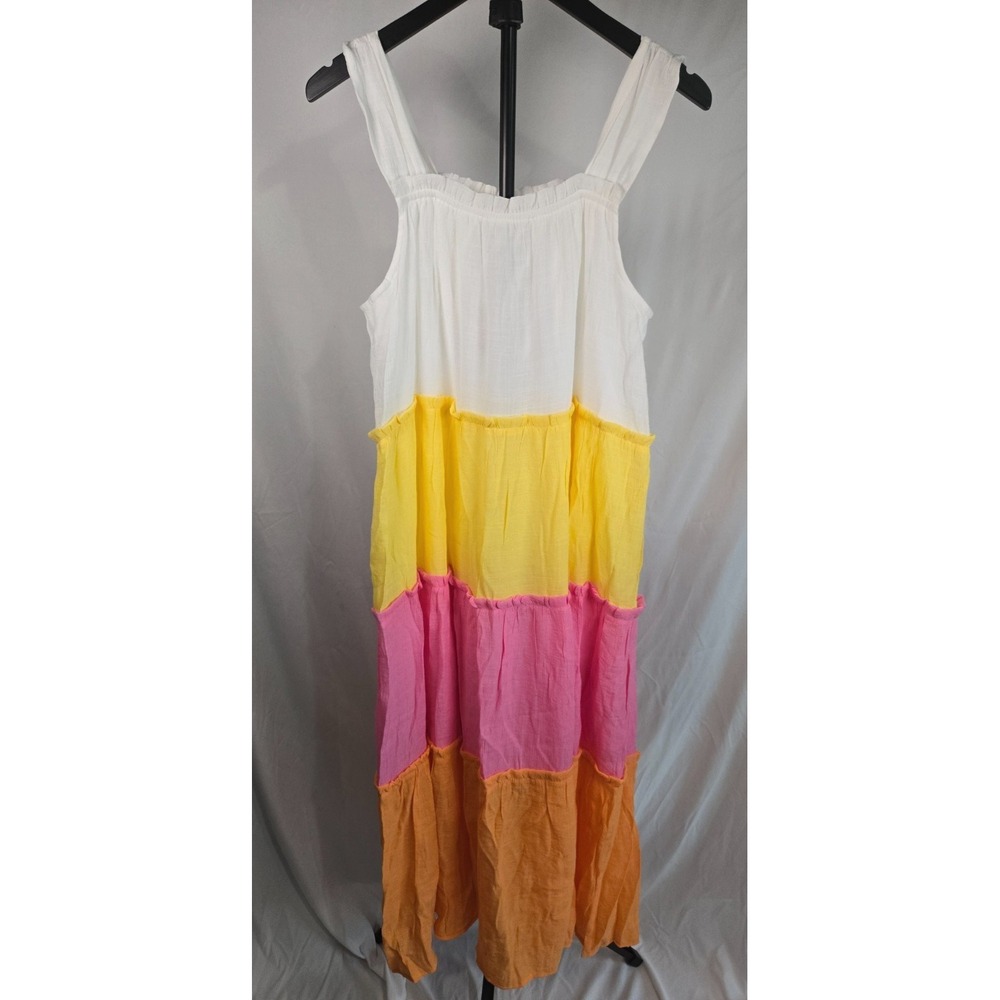 Tiered Colorblock Maxi Dress Sz Large White Yellow Pink Orange Gauze Summer
